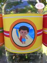 Load image into Gallery viewer, Surfer Boy Birthday Party Bottle Wraps Wrapper Cover Label Beach Ocean Surf Swimming Swim Pool Surfing Boogie Bear Invitations Kimoni Theme
