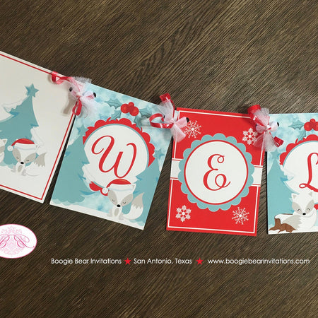 Woodland Winter Fox Baby Shower Banner Welcome Christmas Holiday Snow White Red Birthday Party 1st 2nd Boogie Bear Invitations Aspen Theme