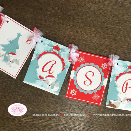 Woodland Winter Fox Baby Shower Party Banner Christmas Holiday Snow Red White Arctic Forest Birthday Boogie Bear Invitations Aspen Theme