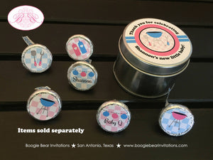 BBQ Reveal Baby Shower Treat Favor Tins Circle Candy Pink Blue Q Summer Picnic Boy Girl Barbecue Party Boogie Bear Invitations Shannon Theme