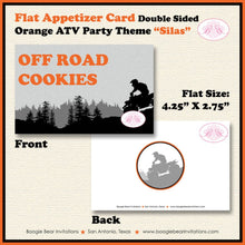 Load image into Gallery viewer, ATV Birthday Party Favor Card Tent Appetizer Place Orange Black Grey All Terrain Vehicle Quad 4 Wheeler Boogie Bear Invitations Silas Theme