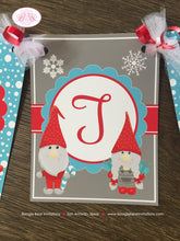 Load image into Gallery viewer, Winter Gnomes Birthday Name Banner Party Girl Boy Red Blue Snowing Snow Christmas Woodland Garden Forest Boogie Bear Invitations Garth Theme