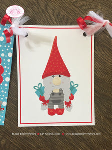 Winter Gnomes Birthday Name Banner Party Girl Boy Red Blue Snowing Snow Christmas Woodland Garden Forest Boogie Bear Invitations Garth Theme