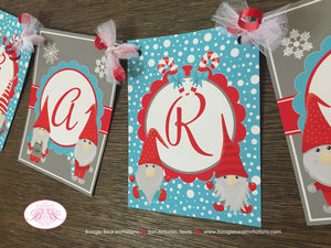 Winter Gnomes Birthday Name Banner Party Girl Boy Red Blue Snowing Snow Christmas Woodland Garden Forest Boogie Bear Invitations Garth Theme