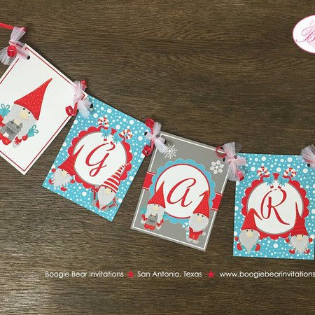 Winter Gnomes Birthday Name Banner Party Girl Boy Red Blue Snowing Snow Christmas Woodland Garden Forest Boogie Bear Invitations Garth Theme