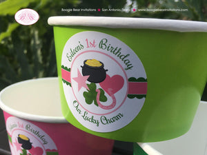 Lucky Charm Birthday Party Treat Cups Candy Buffet St. Patrick's Day Girl Pink Green Shamrock Clover Boogie Bear Invitations Eileen Theme