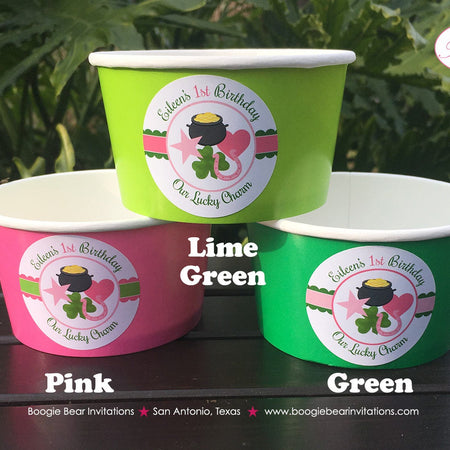 Lucky Charm Birthday Party Treat Cups Candy Buffet St. Patrick's Day Girl Pink Green Shamrock Clover Boogie Bear Invitations Eileen Theme