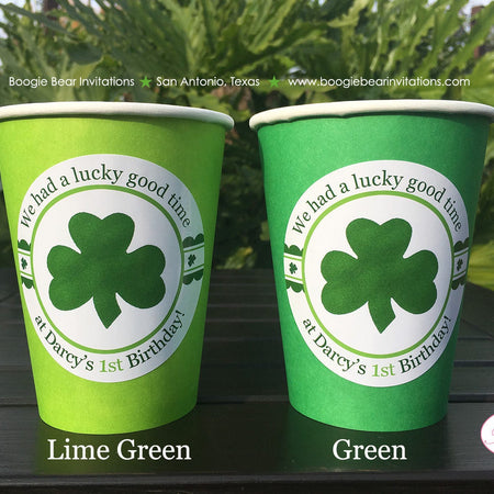 Lucky Shamrock Birthday Party Beverage Cups Paper Drink Girl Boy Green St. Patrick's Day Irish Clover Boogie Bear Invitations Darcy Theme