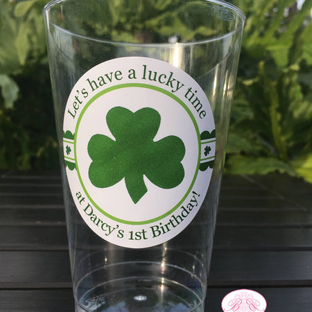 Lucky Shamrock Birthday Party Beverage Cups Plastic Drink Girl Boy Green St. Patrick's Day Clover Irish Boogie Bear Invitations Darcy Theme