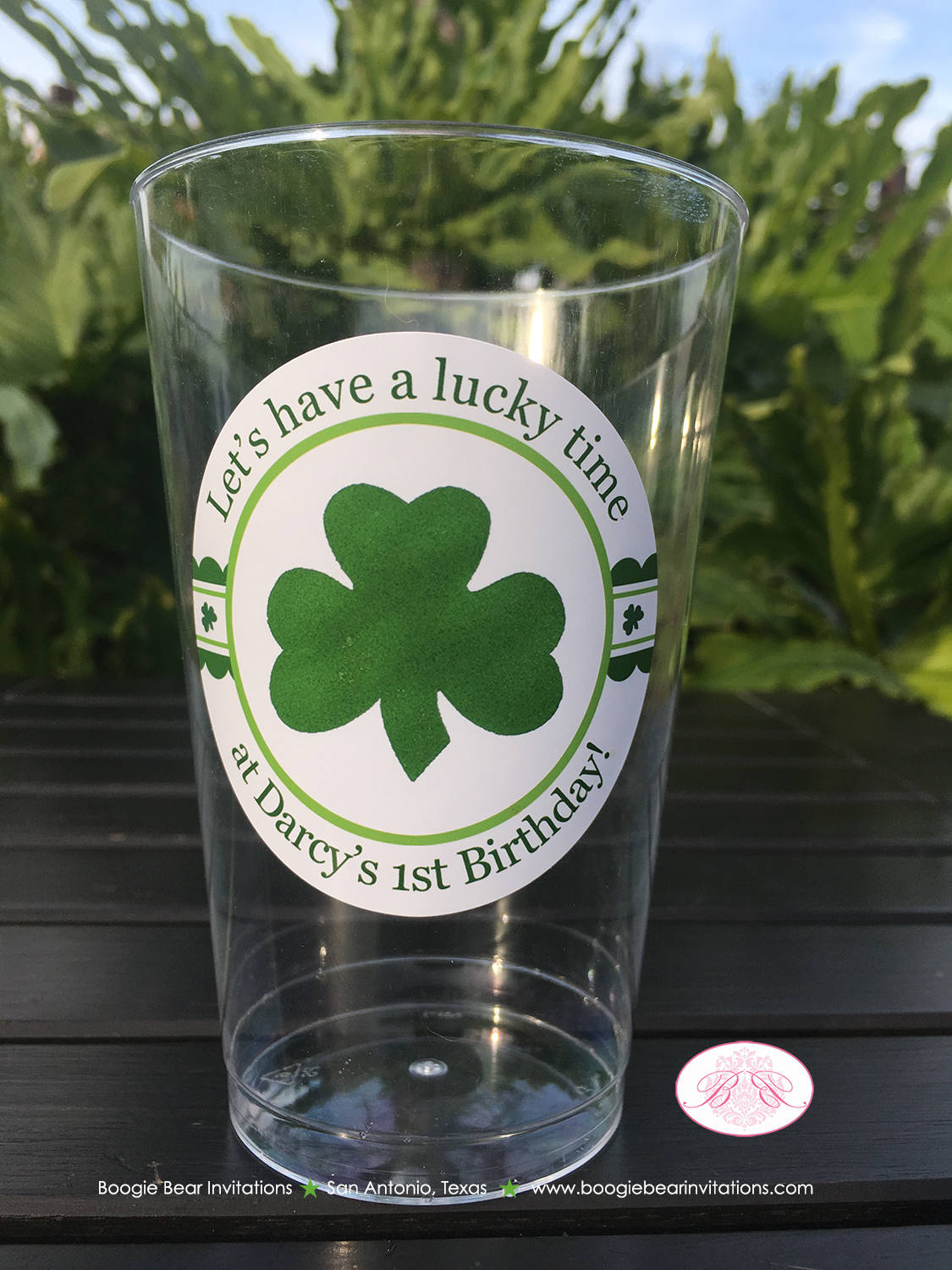 Lucky Shamrock Birthday Party Beverage Cups Plastic Drink Girl Boy Green St. Patrick's Day Clover Irish Boogie Bear Invitations Darcy Theme