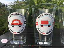 Load image into Gallery viewer, Cars Trucks Birthday Party Beverage Cups Plastic Drink Girl Boy Red Blue Black Road Trip Travel Vehicle Boogie Bear Invitations Sam Theme