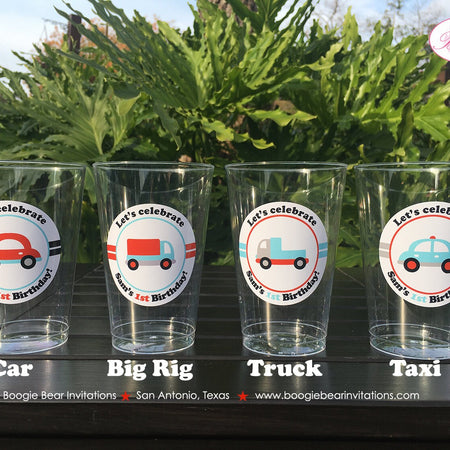 Cars Trucks Birthday Party Beverage Cups Plastic Drink Girl Boy Red Blue Black Road Trip Travel Vehicle Boogie Bear Invitations Sam Theme
