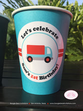 Load image into Gallery viewer, Cars Trucks Birthday Party Beverage Cups Paper Drink Girl Boy Red Blue Black Grey Silver Road Trip Travel Boogie Bear Invitations Sam Theme