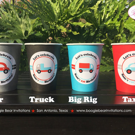 Cars Trucks Birthday Party Beverage Cups Paper Drink Girl Boy Red Blue Black Grey Silver Road Trip Travel Boogie Bear Invitations Sam Theme