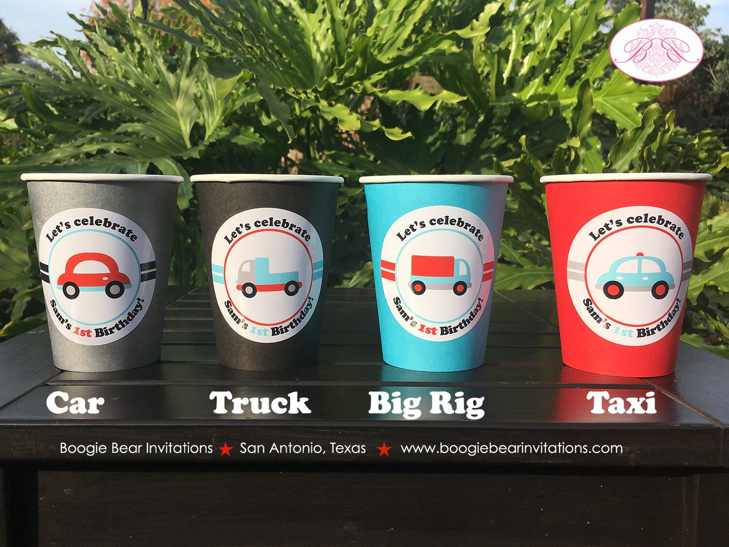 Cars Trucks Birthday Party Beverage Cups Paper Drink Girl Boy Red Blue Black Grey Silver Road Trip Travel Boogie Bear Invitations Sam Theme