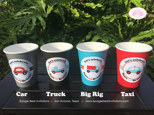 Cars Trucks Birthday Party Beverage Cups Paper Drink Girl Boy Red Blue Black Grey Silver Road Trip Travel Boogie Bear Invitations Sam Theme