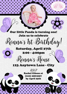 Panda Bear Birthday Party Invitation Photo Girl Lavender Purple Wild Zoo Dot Boogie Bear Invitations Ronna Theme Paperless Printable Printed