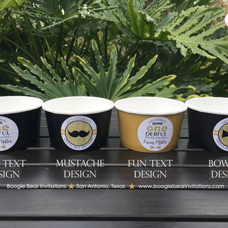 Mr. Wonderful 1st Birthday Party Treat Cups Candy ONE Boy Mustache Bow Tie Onederful Black Glitter Gold Boogie Bear Invitations Owen Theme