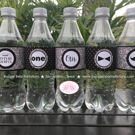 Mr. Wonderful Birthday Party Bottle Wraps ONE Onederful Little Man Black White Silver Sticker Labels 1st Boogie Bear Invitations Otis Theme