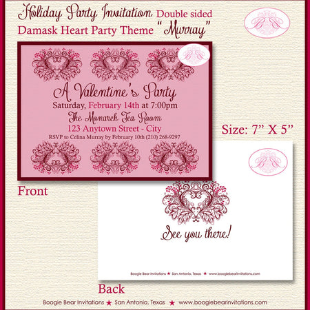 Damask Heart Valentine's Party Invitation Day Flower Maroon Red Pink Amore Boogie Bear Invitations Murray Theme Paperless Printable Printed