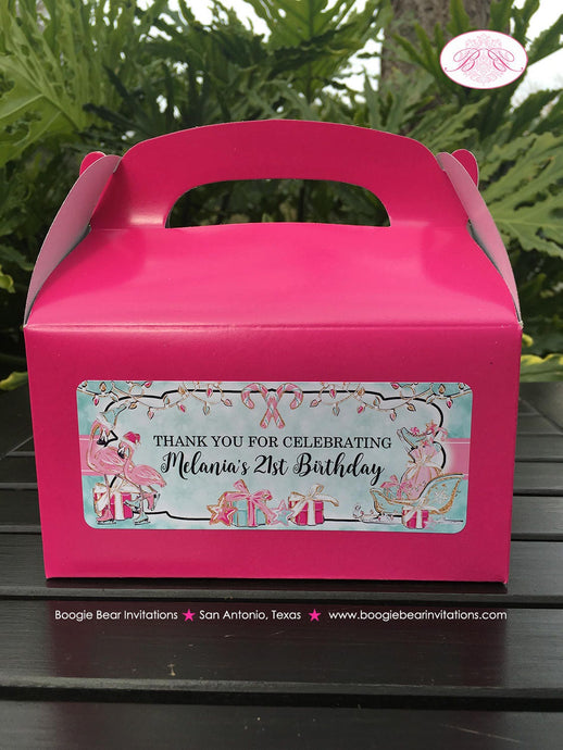 Pink Flamingo Birthday Party Treat Boxes Favor Tags Holiday Christmas Aqua Blue Winter Sleigh Santa Boogie Bear Invitations Melania Theme