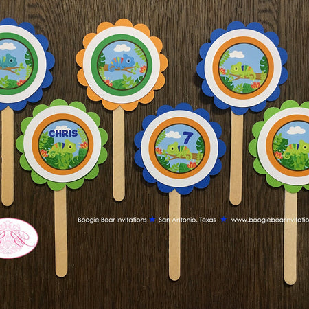 Chameleon Birthday Party Cupcake Toppers Boy Girl Rain Forest Jungle Rainforest Wild Zoo Animals Amazon Boogie Bear Invitations Chris Theme