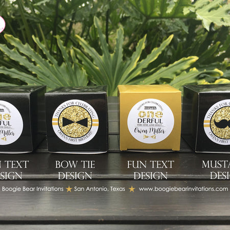 Mr Wonderful Birthday Party Treat Favor Boxes Circle Candy Bow Tie Mustache Boy Onederful Black Gold 1st Boogie Bear Invitations Owen Theme