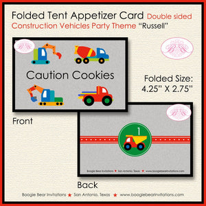 Construction Vehicles Birthday Party Favor Card Tent Food Place Folded Appetizer Caution Truck Boogie Bear Invitations Russell Theme Printed