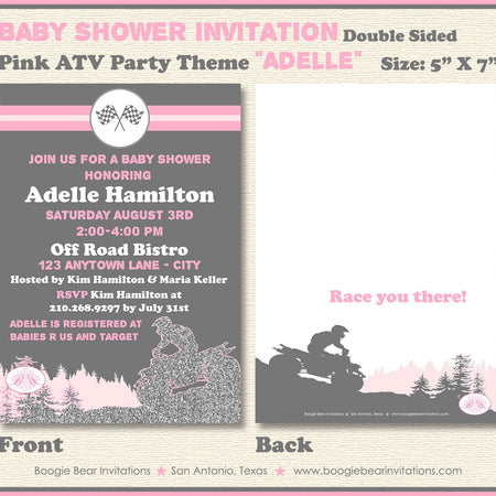 Pink ATV Baby Shower Party Invitation Glitter Girl All Terrain Vehicle Quad 4 Wheeler Racing Boogie Bear Invitations Adelle Theme Printed