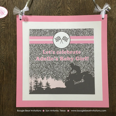 Pink ATV Baby Shower Door Banner Party Grey Gray Silver Glitter Girl Checkered Flag Race Stripe Quad Boogie Bear Invitations Adelle Theme