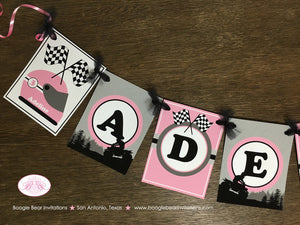 Pink ATV Birthday Party Name Banner Racing All Terrain Vehicle Quad 4 Wheeler Black Grey Silver Girl Boogie Bear Invitations Adeline Theme