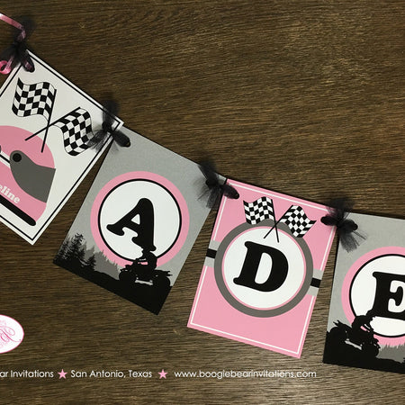 Pink ATV Birthday Party Name Banner Racing All Terrain Vehicle Quad 4 Wheeler Black Grey Silver Girl Boogie Bear Invitations Adeline Theme