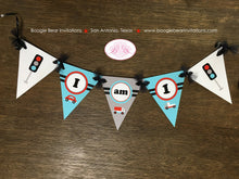 Load image into Gallery viewer, Cars &amp; Trucks Pennant I am 1 Banner Birthday Party Highchair Red Blue Black White Traffic Road Trip Travel Boogie Bear Invitations Sam Theme