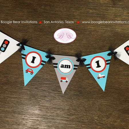 Cars & Trucks Pennant I am 1 Banner Birthday Party Highchair Red Blue Black White Traffic Road Trip Travel Boogie Bear Invitations Sam Theme