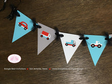 Load image into Gallery viewer, Cars &amp; Truck Birthday Party Banner Pennant Garland Small Red Blue Black White Traffic Road 1st 2nd 3rd 4th Boogie Bear Invitations Sam Theme
