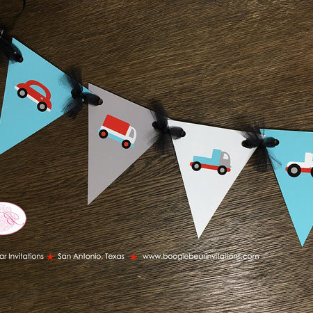 Cars & Truck Birthday Party Banner Pennant Garland Small Red Blue Black White Traffic Road 1st 2nd 3rd 4th Boogie Bear Invitations Sam Theme