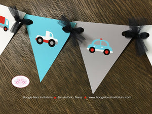 Cars & Truck Birthday Party Banner Pennant Garland Small Red Blue Black White Traffic Road 1st 2nd 3rd 4th Boogie Bear Invitations Sam Theme