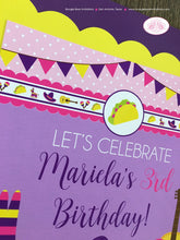 Load image into Gallery viewer, Fiesta Taco Birthday Party Door Banner Girl Pink Yellow Purple Cinco De Mayo Parade Pinata Maracas Boogie Bear Invitations Mariela Theme
