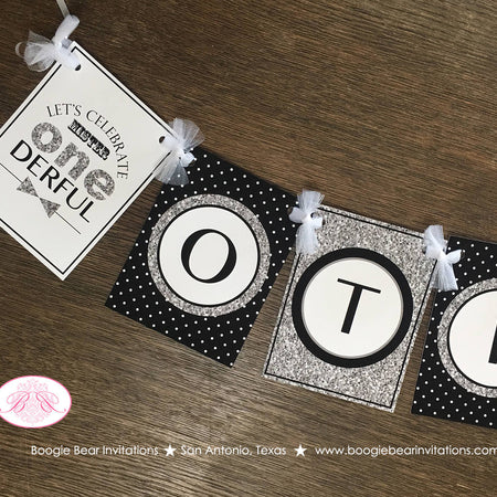 Mr. Wonderful Birthday Party Banner Little Man Black Onederful Polka Dot Glitter Silver Grey ONE 1st Kids Boogie Bear Invitations Otis Theme