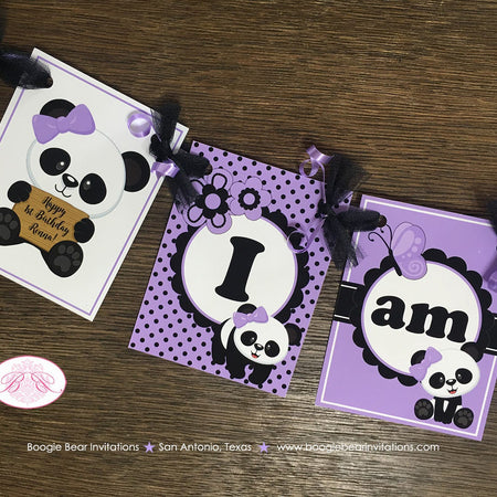 Purple Panda Bear I am 1 Highchair Party Banner Birthday Small Butterfly Black Wild Jungle Zoo Girl Baby Boogie Bear Invitations Ronna Theme