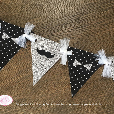 Mr. Wonderful Birthday Party Banner Pennant Garland Boy Silver Black White ONE Onederful Bow Tie Mustache Boogie Bear Invitations Otis Theme