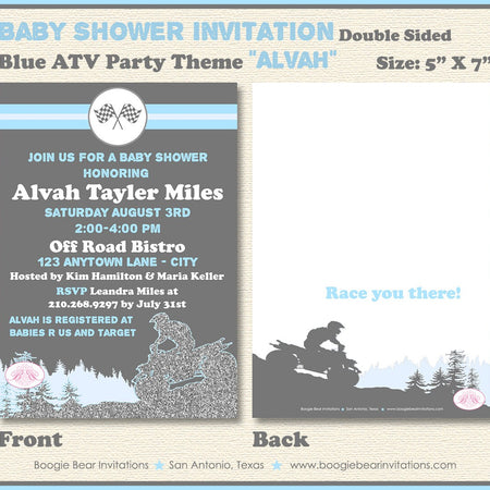 Blue ATV Baby Shower Party Invitation Quad All Terrain Vehicle 4 Wheeler Racing Race Track Boy Boogie Bear Invitations Alvah Theme Printed