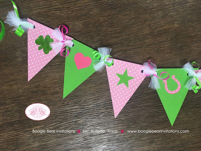 Lucky Charm Birthday Party Banner Pennant Garland Girl St. Patrick's Day Pink Green Shamrock Clover 1st Boogie Bear Invitations Eileen Theme