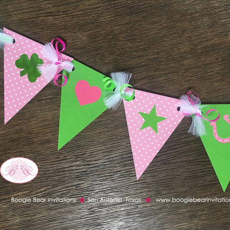 Lucky Charm Birthday Party Banner Pennant Garland Girl St. Patrick's Day Pink Green Shamrock Clover 1st Boogie Bear Invitations Eileen Theme