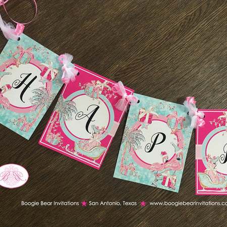Pink Flamingo Happy Birthday Banner Party Aqua Ice Skate Winter Christmas Sleigh Palm Tree Tropical Boogie Bear Invitations Melania Theme