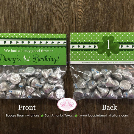 Green Shamrock Birthday Party Treat Bag Toppers Folded Favor Label Girl Boy Green St Patrick's Day 1st Boogie Bear Invitations Darcy Theme