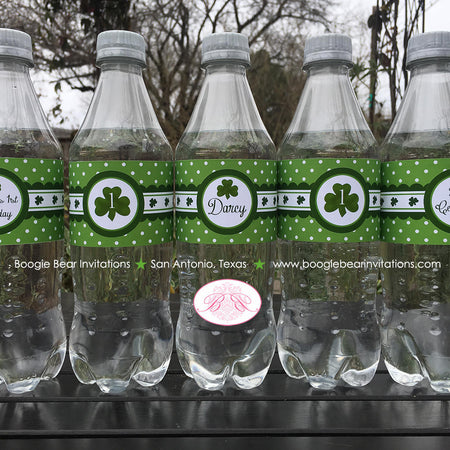 Green Shamrock Birthday Party Bottle Wraps Cover Wrappers Label Boy Girl St. Patricks Day Clover Lucky Boogie Bear Invitations Darcy Theme