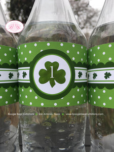 Green Shamrock Birthday Party Bottle Wraps Cover Wrappers Label Boy Girl St. Patricks Day Clover Lucky Boogie Bear Invitations Darcy Theme