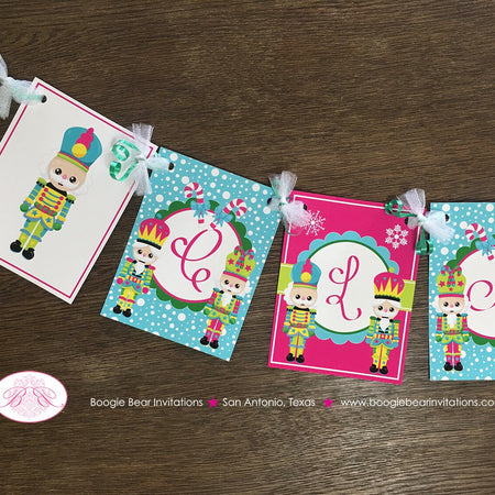 Nutcracker Birthday Name Banner Winter Christmas Pink Green Blue Girl 1st 2nd 3rd 4th 5th 6th 7th 8th Boogie Bear Invitations Clara Theme