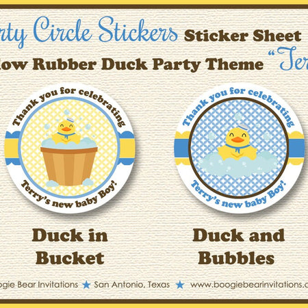 Yellow Rubber Duck Baby Shower Party Stickers Circle Sheet Round Little Duckie Ducky Pool Boy Girl Blue Boogie Bear Invitations Terry Theme